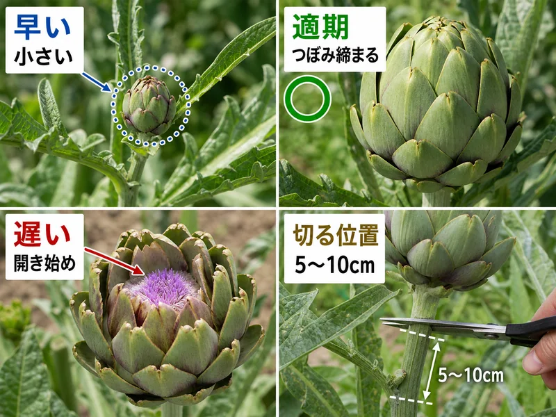 アーティチョークの早い、適期、遅い、切る位置を比較した収穫目安画像