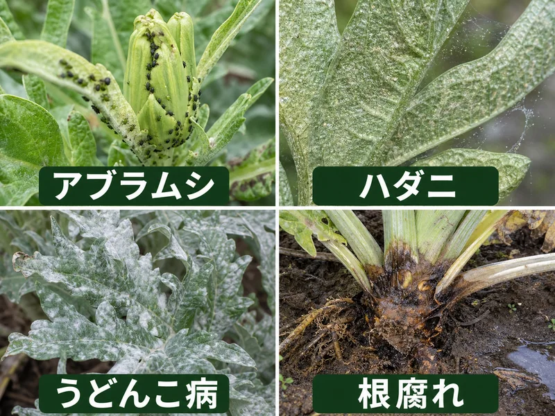 アーティチョークのアブラムシ、ハダニ、うどんこ病、根腐れをまとめた診断画像