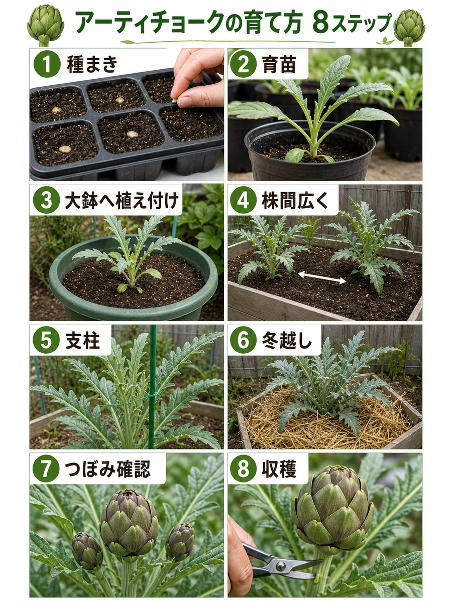 アーティチョークの種まき、育苗、大鉢植え付け、株間、支柱、冬越し、つぼみ確認、収穫までをまとめた縦長画像