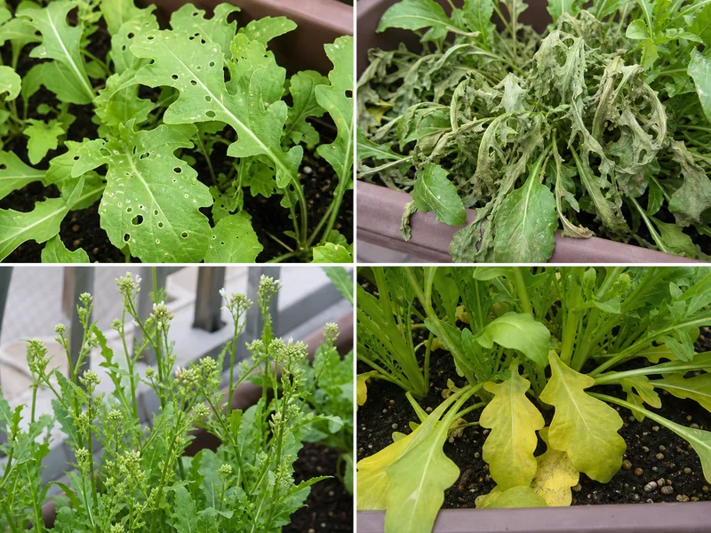 ルッコラの虫食い、乾燥、花芽、黄化した下葉を比較した画像