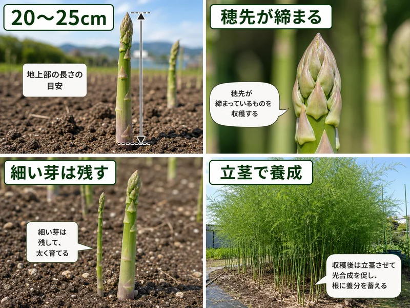 アスパラガスの20〜25cm、穂先が締まる、細い芽は残す、立茎で養成を比較した画像