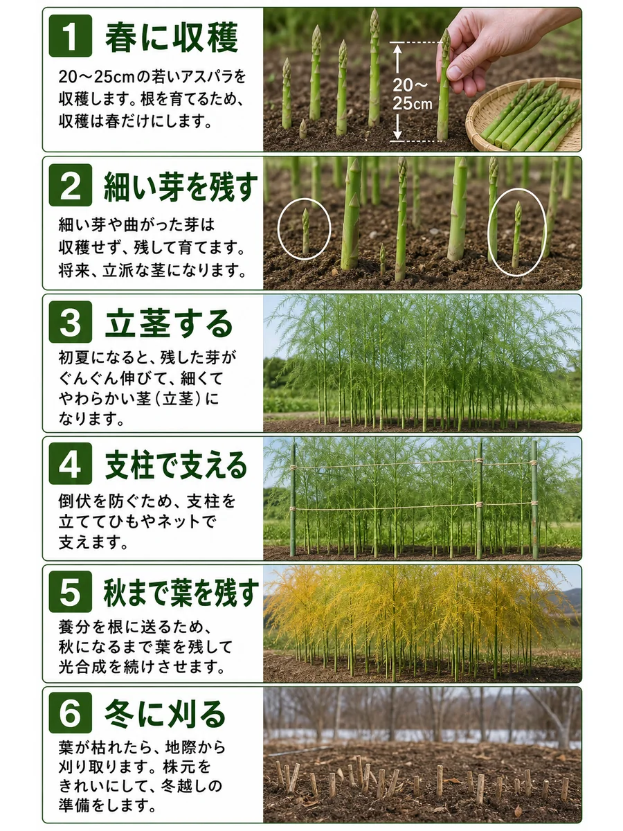アスパラガスの春に収穫、細い芽を残す、立茎する、支柱で支える、秋まで葉を残す、冬に刈る年間管理手順