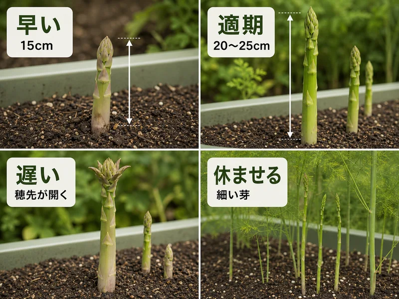 アスパラガスの早い、適期、遅い、休ませるを比較した収穫目安画像