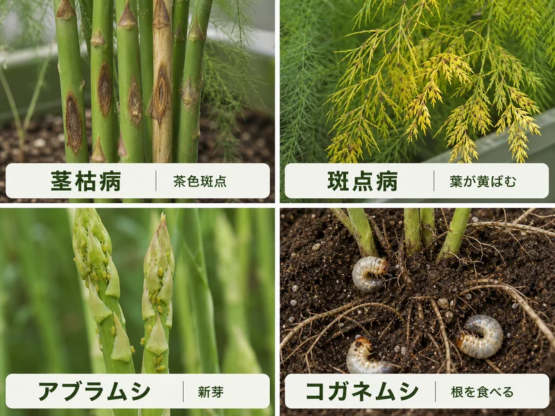アスパラガスの茎枯病、斑点病、アブラムシ、コガネムシをまとめた診断画像