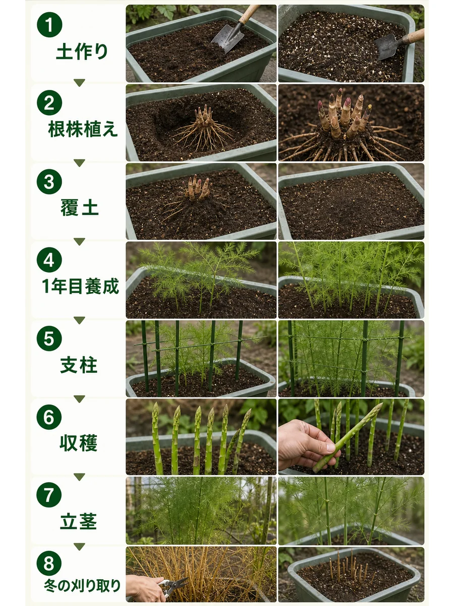アスパラガスの土作り、根株植え、覆土、1年目養成、支柱、収穫、立茎、冬の刈り取りをまとめた縦長画像