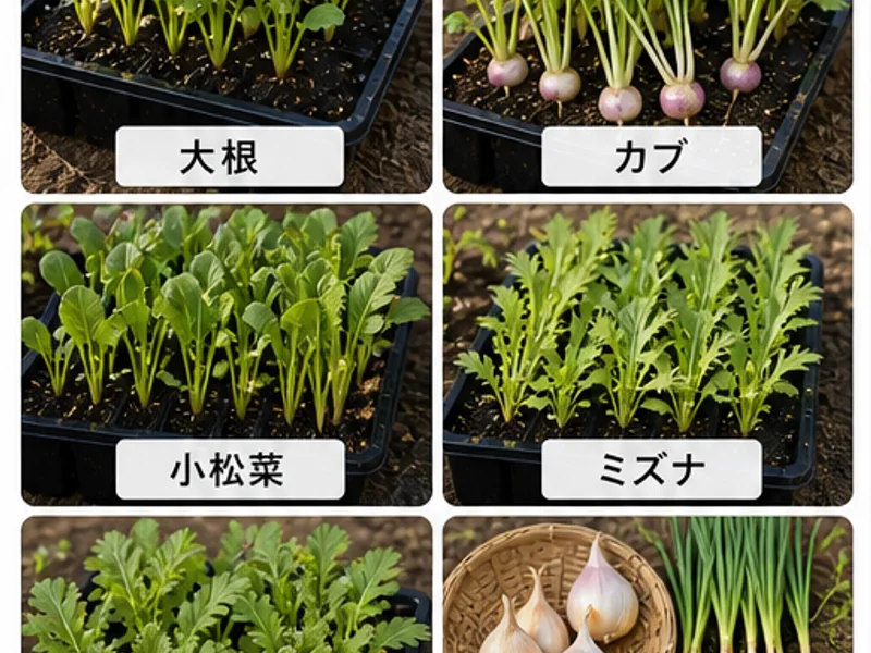 秋冬野菜の種と苗を作業時期別に比較する様子
