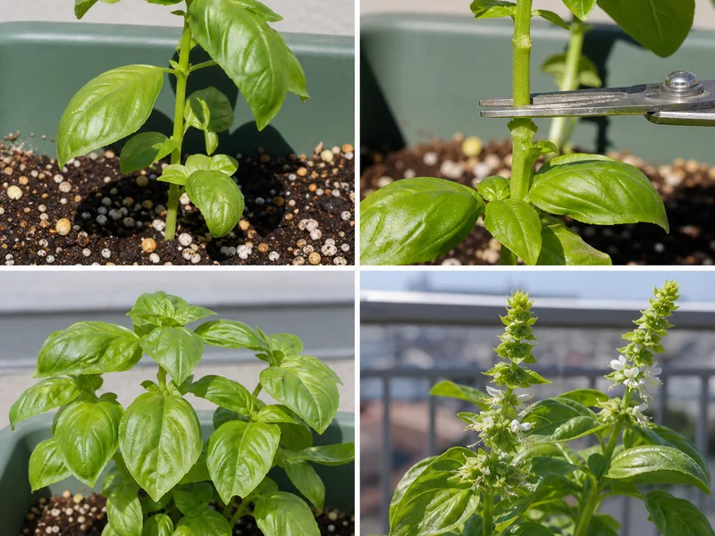 バジルの摘心前、節の上で切る、脇芽が伸びた株、花芽が出た株を比較した画像