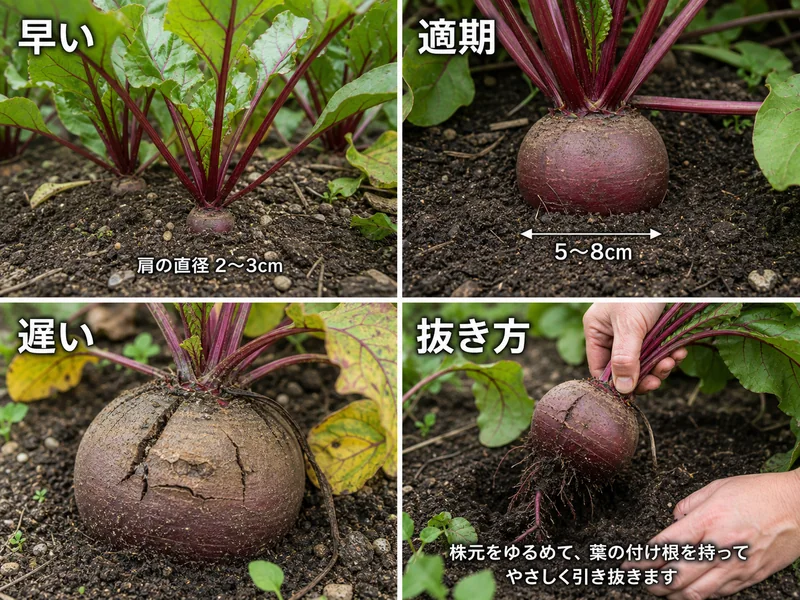 ビーツの早い、適期、遅い、抜き方を比較した収穫目安画像