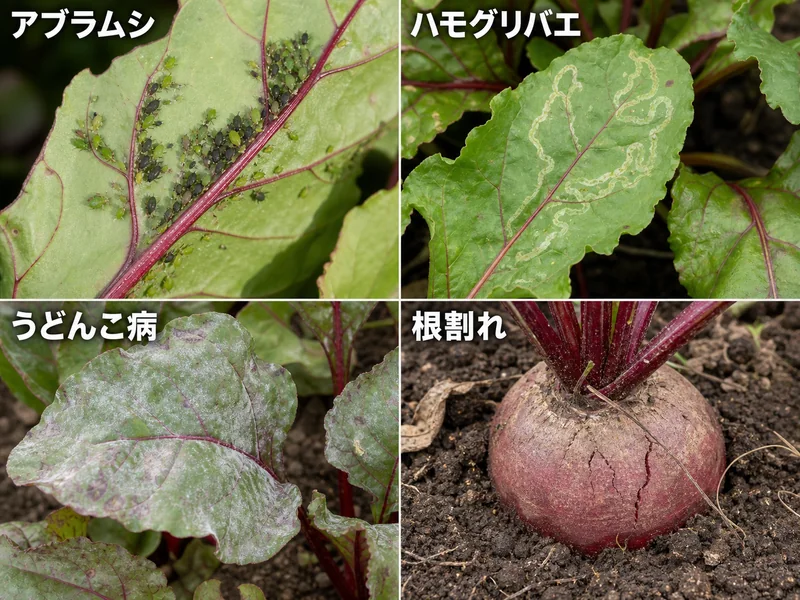 ビーツのアブラムシ、ハモグリバエ、うどんこ病、根割れをまとめた診断画像