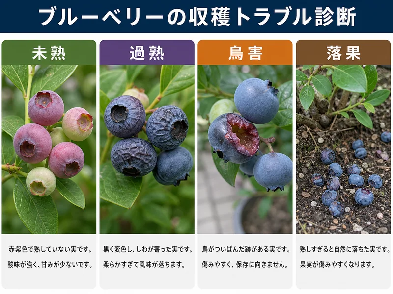 ブルーベリーの収穫時期の収穫前後のトラブルを比較した画像