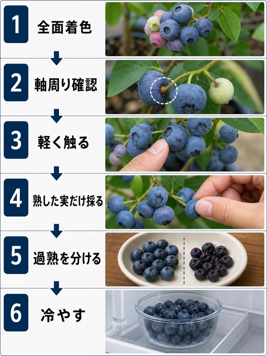 ブルーベリーの収穫時期の判断手順をまとめた縦長画像