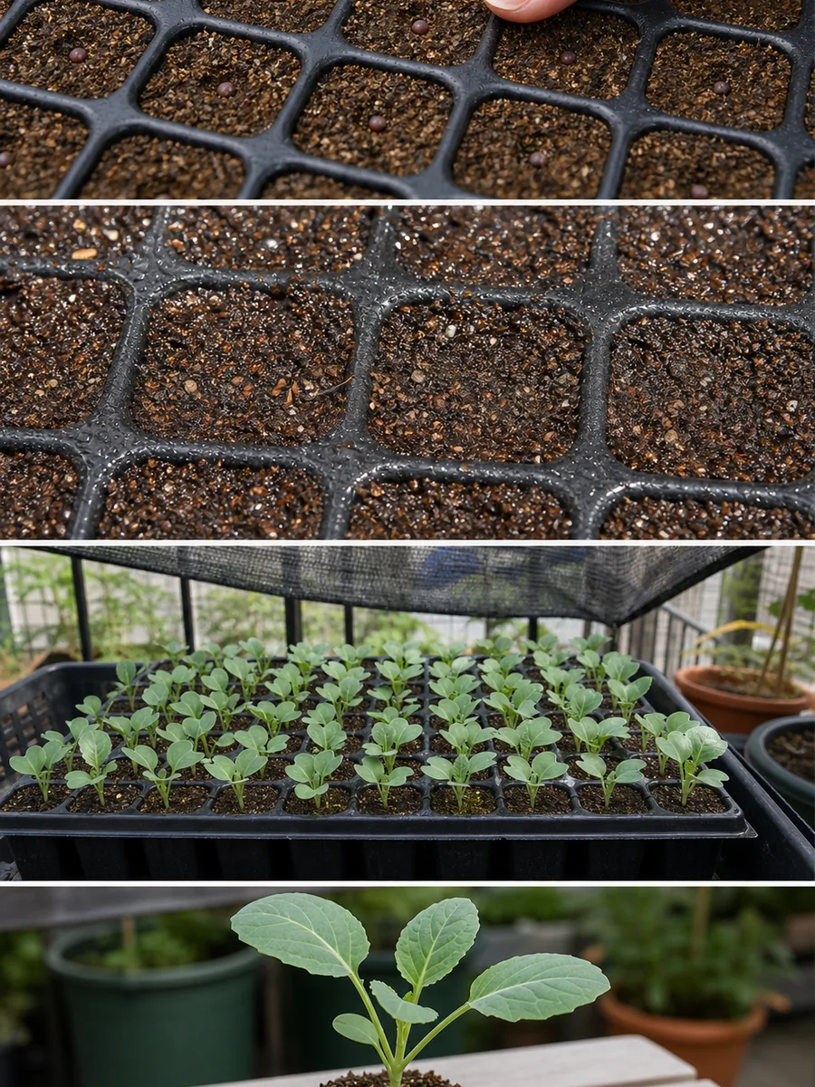 セルトレーへの播種、覆土と水やり、遮光下での発芽、本葉3〜4枚の定植苗を順に示した画像