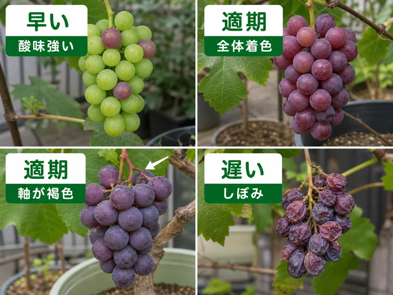 ぶどうの早い、全体着色、軸が褐色、遅いを比較した収穫目安画像