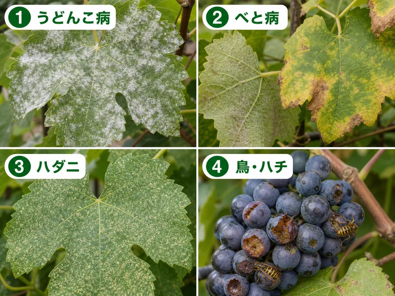 ぶどうのうどんこ病、べと病、ハダニ、鳥とハチの食害をまとめた診断画像