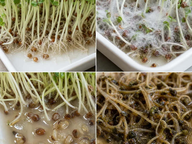 左上は根に沿う正常な根毛、右上は種と茎の間に広がる白いカビ、左下は濁った水とぬめり、右下は茶色く崩れた腐敗の比較
