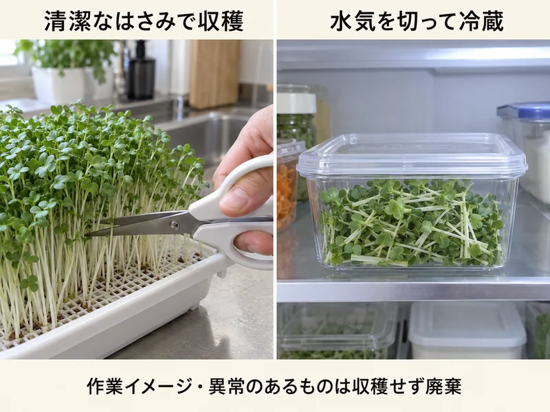 ブロッコリースプラウトの収穫作業イメージ。日数や外観は食用の安全を保証しません