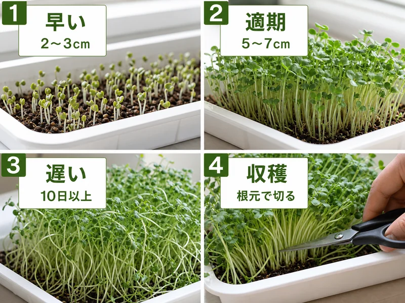 ブロッコリースプラウトの早い、適期、遅い、根元で切るを比較した収穫目安画像