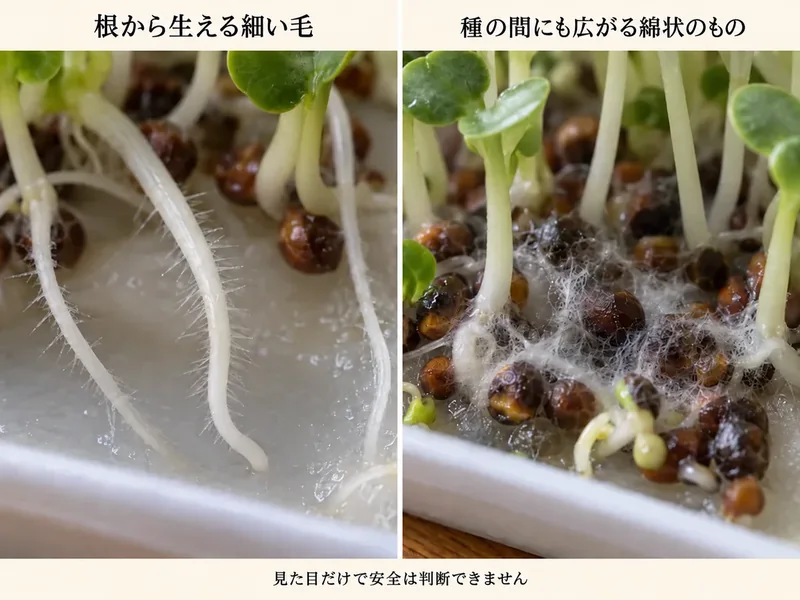 左は根の表面の細い毛、右は複数の種の間に広がる綿状のもの