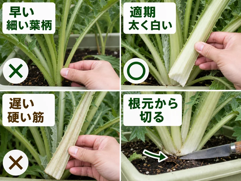 カルドンの細い葉柄、適期の太く白い葉柄、硬い筋、根元から切る位置を比べた画像