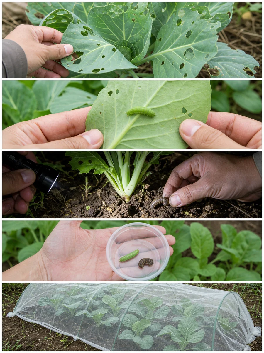 食害穴から青虫とヨトウムシを探して防虫ネットを張る診断手順