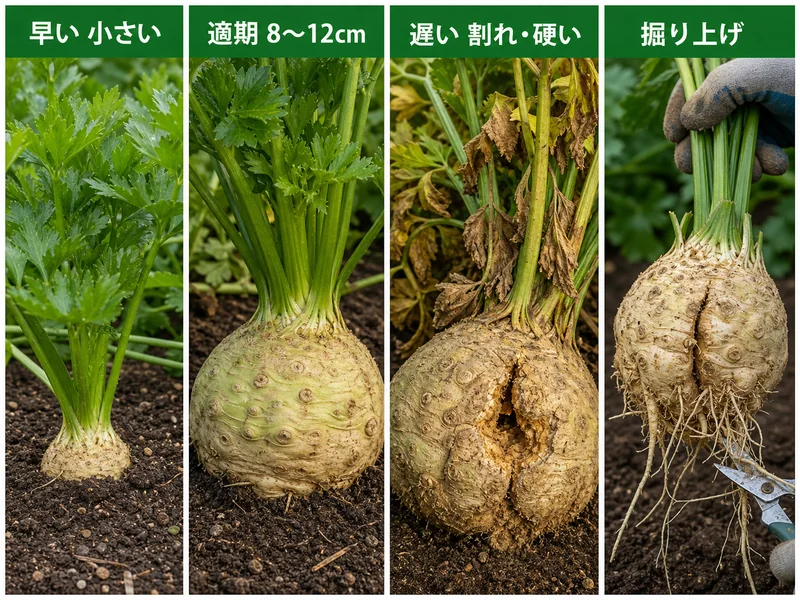 セロリアックの早い、適期、遅い、掘り上げを比較した収穫目安画像