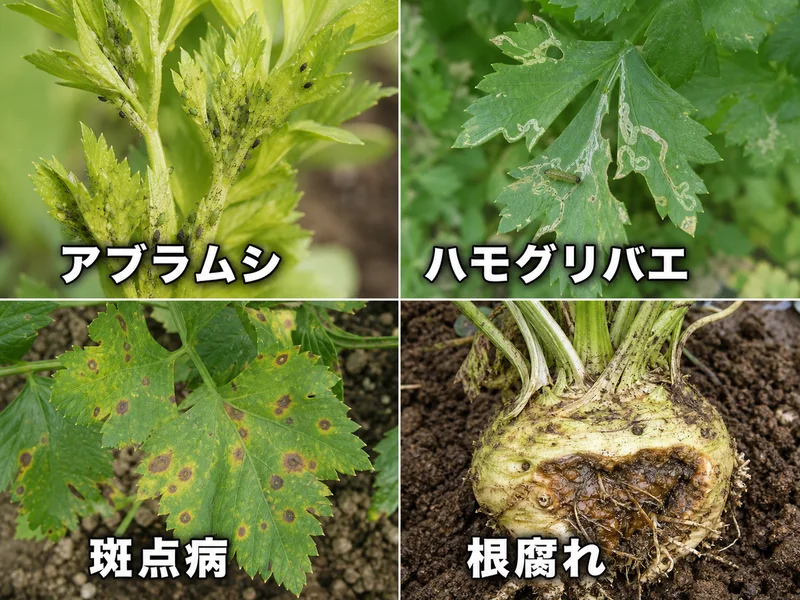 セロリアックのアブラムシ、ハモグリバエ、斑点病、根腐れをまとめた診断画像