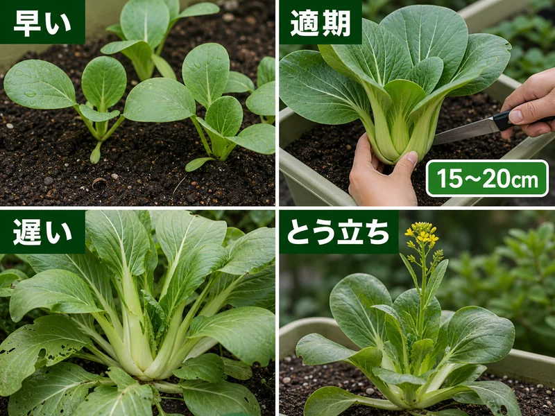 チンゲンサイの早い、適期、遅い、とう立ちを比較した収穫目安画像