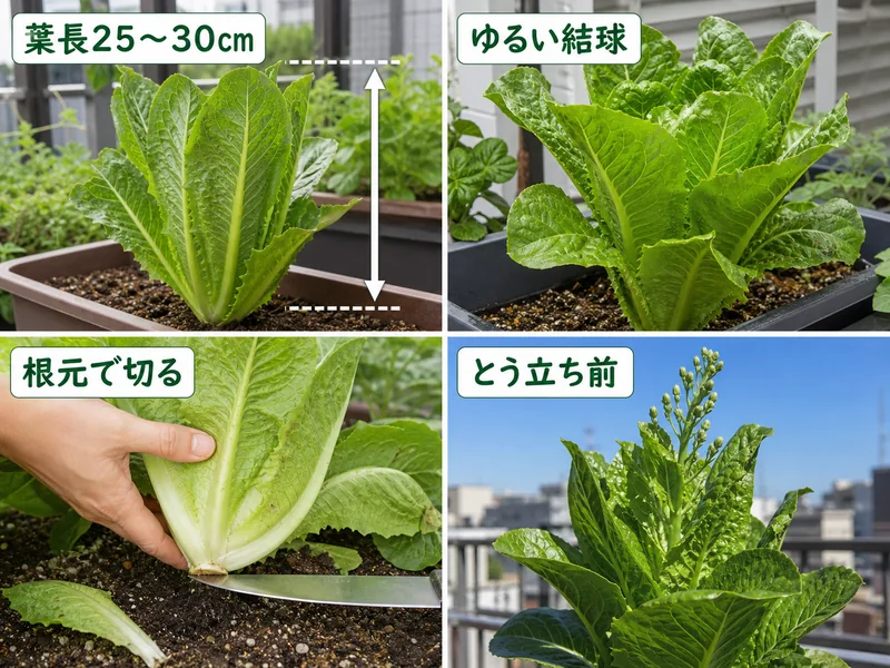 ロメインレタスの葉長25〜30cm、ゆるい結球、根元で切る、とう立ち前を比較した画像