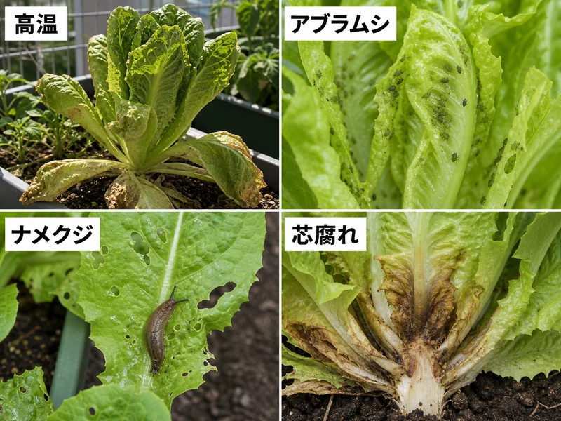 ロメインレタスの高温、アブラムシ、ナメクジ、芯腐れを比較した画像