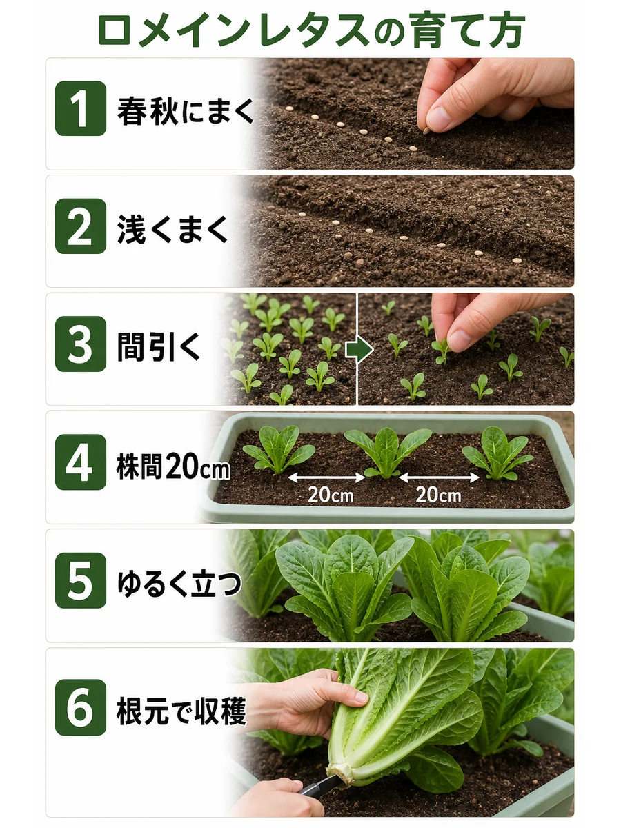 ロメインレタスの春秋にまく、浅くまく、間引く、株間20cm、ゆるく立つ、根元で収穫する手順