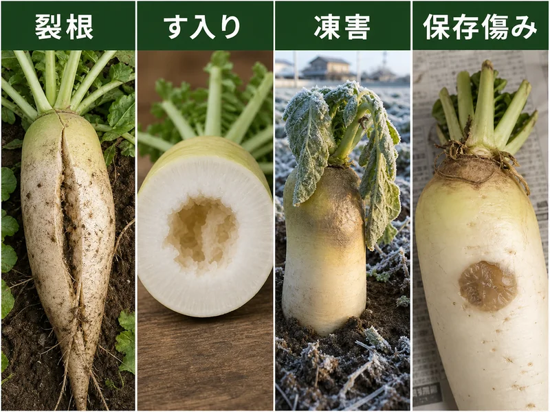 大根の収穫時期の収穫前後のトラブルを比較した画像