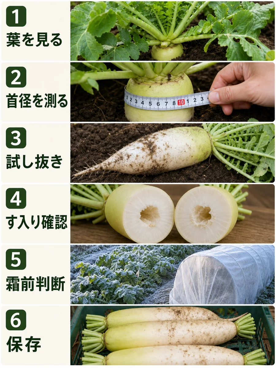 大根の収穫時期の判断手順をまとめた縦長画像