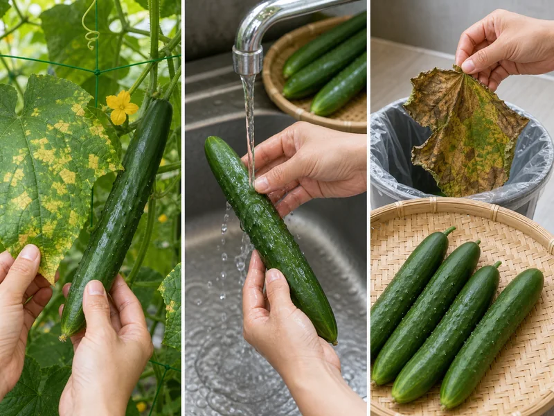 べと病の葉と健全なきゅうりの確認、水洗い、病葉処分