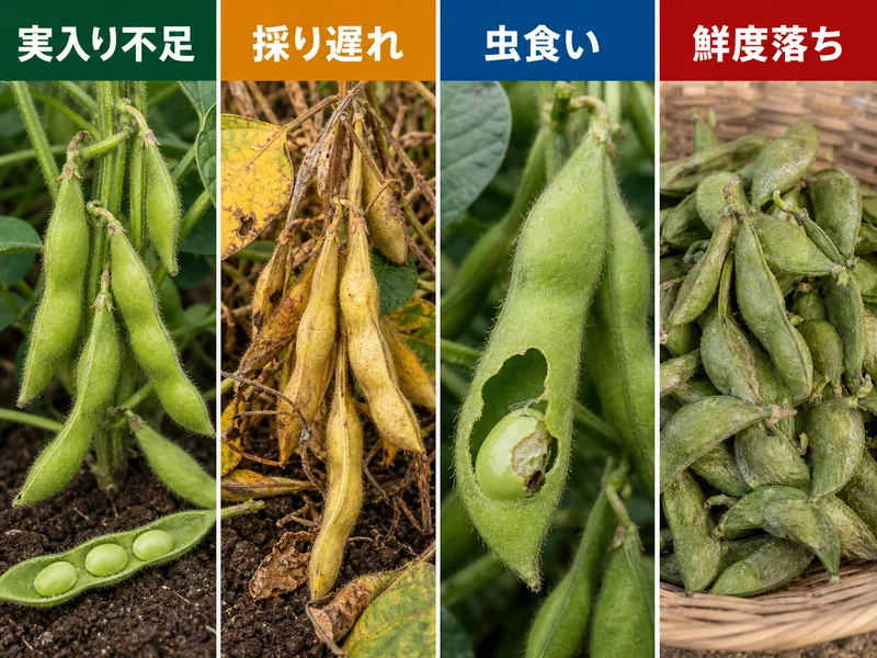 枝豆の収穫サインの収穫前後のトラブルを比較した画像