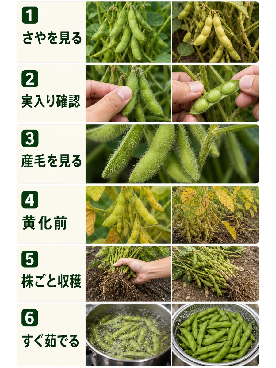 枝豆の収穫サインの判断手順をまとめた縦長画像