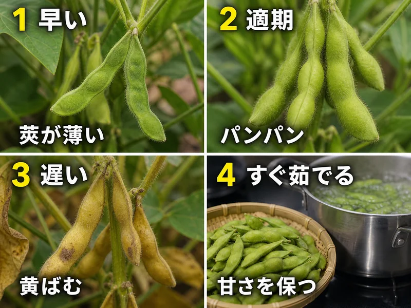 枝豆の早い、適期、遅い、すぐ茹でるを比較した収穫目安画像