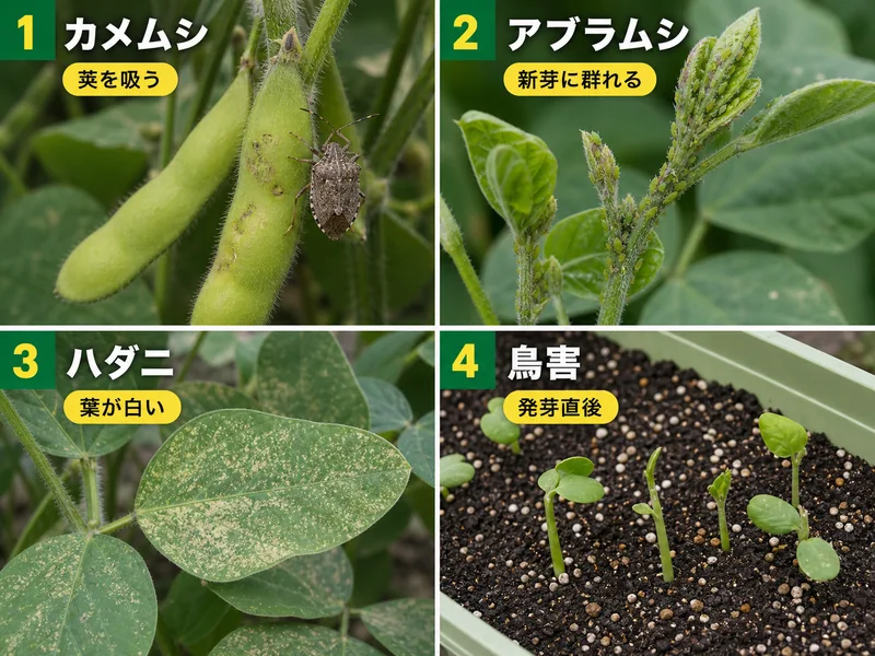 枝豆のカメムシ、アブラムシ、ハダニ、鳥害をまとめた診断画像