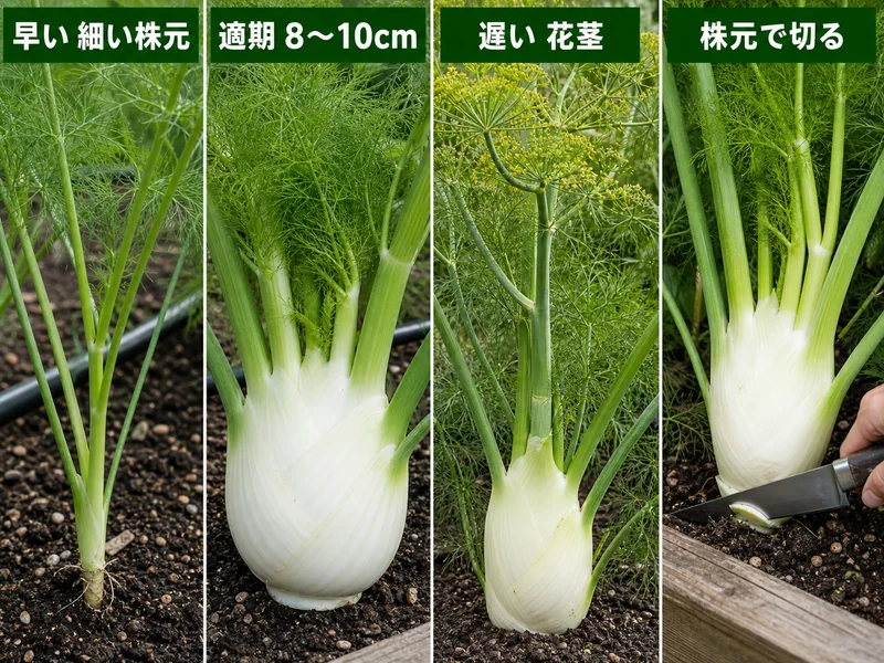 フェンネルの早い細い株元、適期8〜10cm、遅い花茎、株元で切る収穫を比較した画像