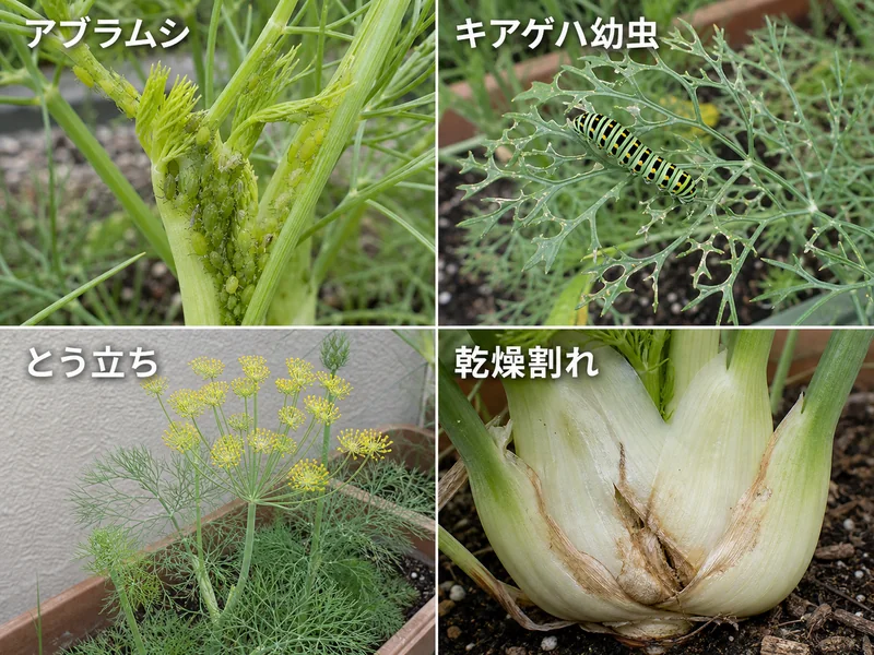 フェンネルのアブラムシ、キアゲハ幼虫、とう立ち、乾燥割れをまとめた診断画像