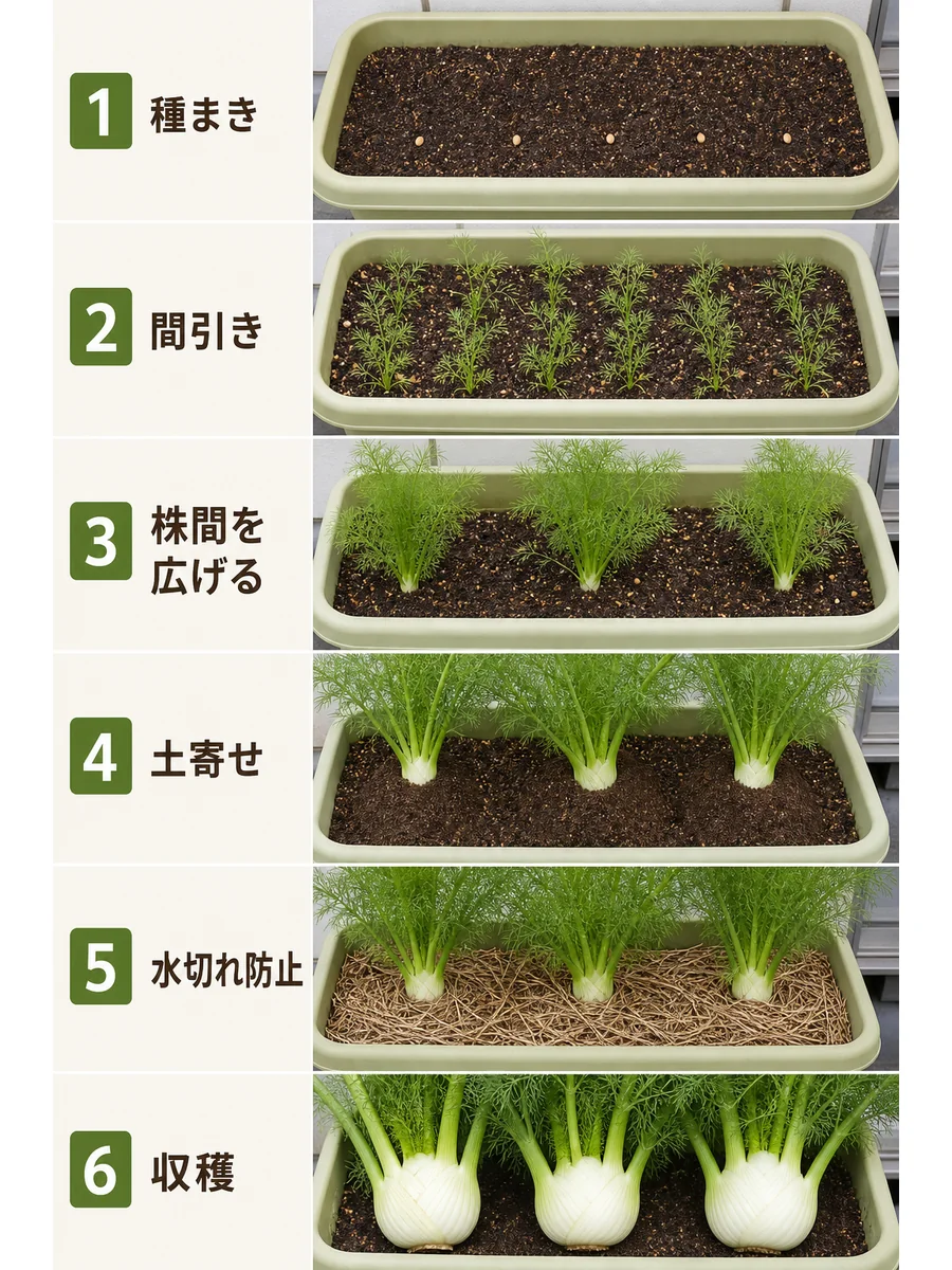 フェンネルの種まき、間引き、株間を広げる、土寄せ、水切れ防止、収穫をまとめた縦長画像