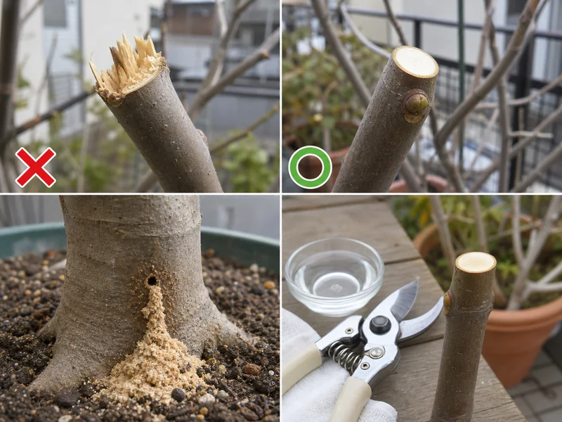 いちじく剪定の荒れた切り口、きれいな切り口、株元の木くず、剪定ばさみ清掃を比較した画像