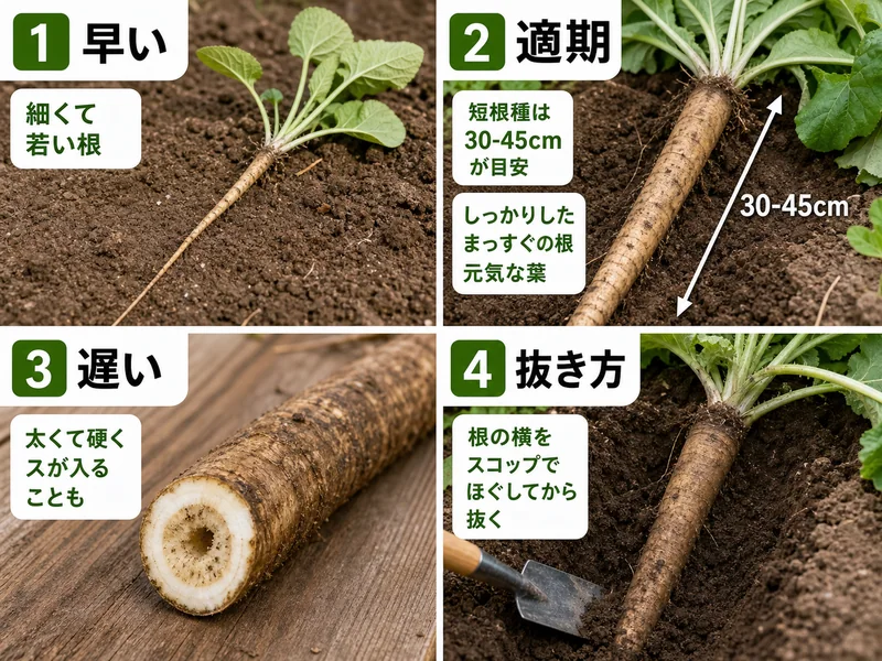 ごぼうの早い、適期、遅い、抜き方を比較した収穫目安画像