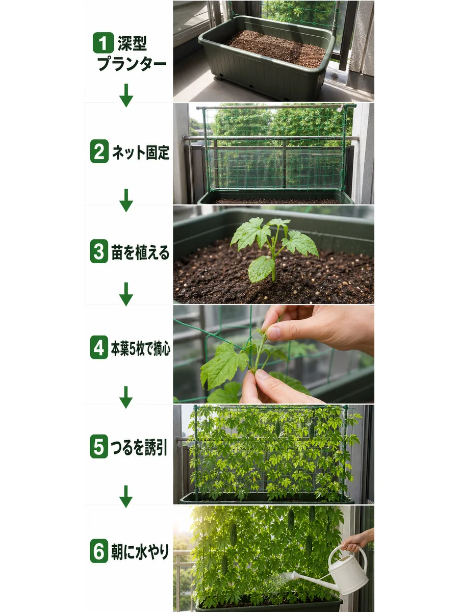 ゴーヤのグリーンカーテンで深型プランター、ネット固定、苗植え、摘心、誘引、水やりを行う手順