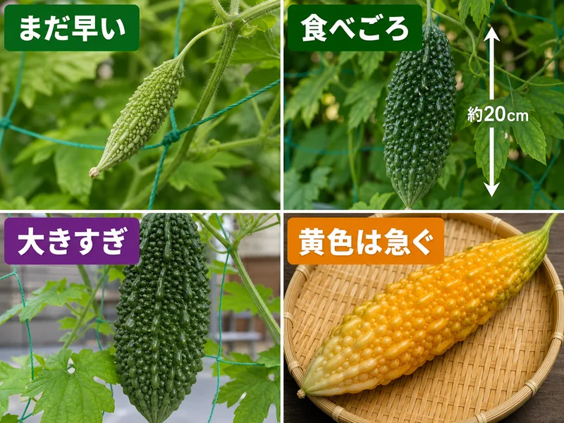 ゴーヤのまだ早い、食べごろ、大きすぎ、黄色は急ぐを比較した収穫目安画像