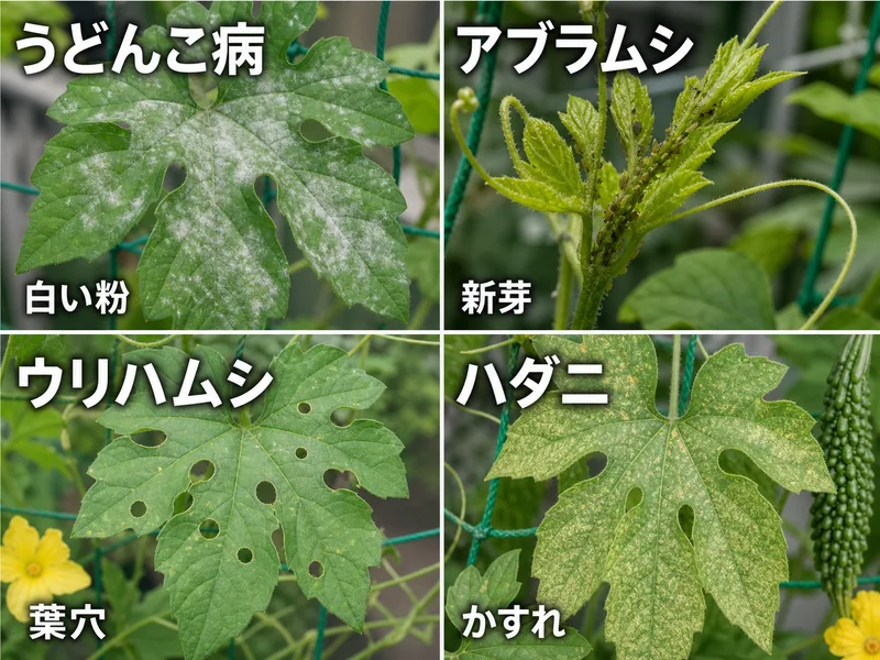 ゴーヤのうどんこ病、アブラムシ、ウリハムシ、ハダニをまとめた診断画像