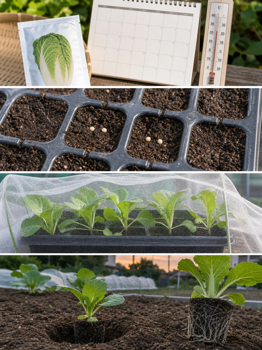 白菜の種袋と時期確認、浅い種まき、防虫育苗、若苗と老化苗の植え付け判断