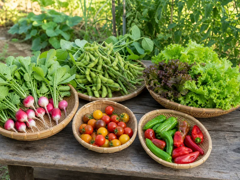 根菜、豆、果菜、葉物を収穫して並べた様子