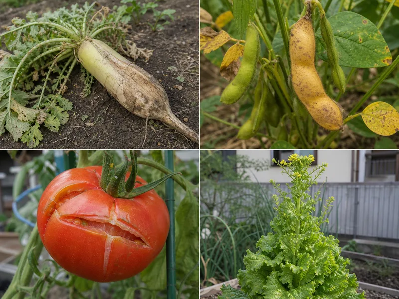 取り遅れた根菜、枝豆、トマト、とう立ちした葉物の比較