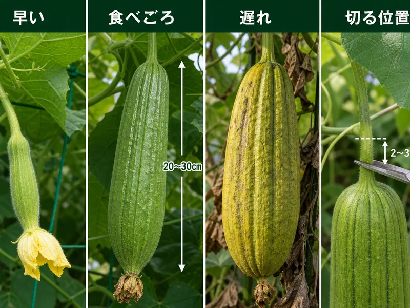 ヘチマの早い、食べごろ、遅れ、切る位置を比較した収穫目安画像