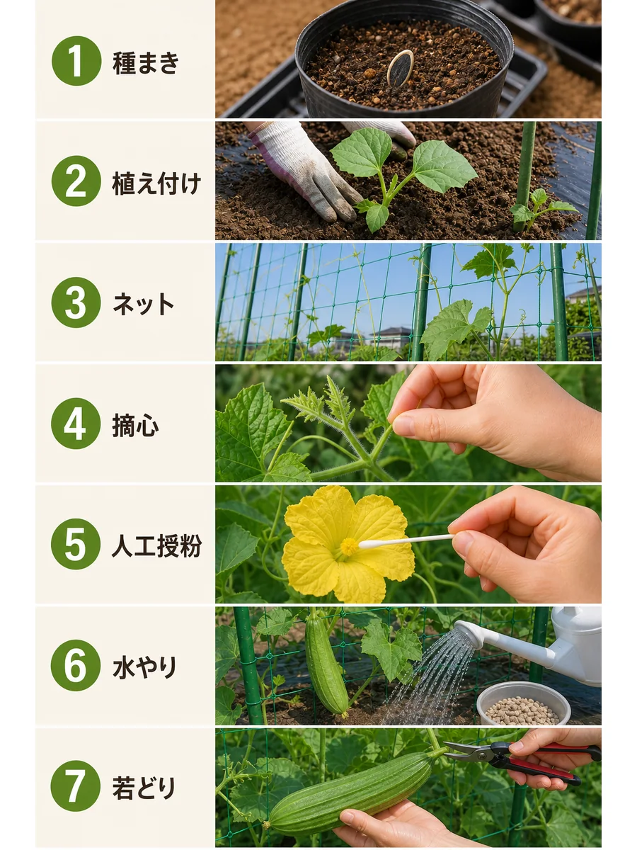 ヘチマの種まき、植え付け、ネット、摘心、人工授粉、水やり、若どりをまとめた縦長画像